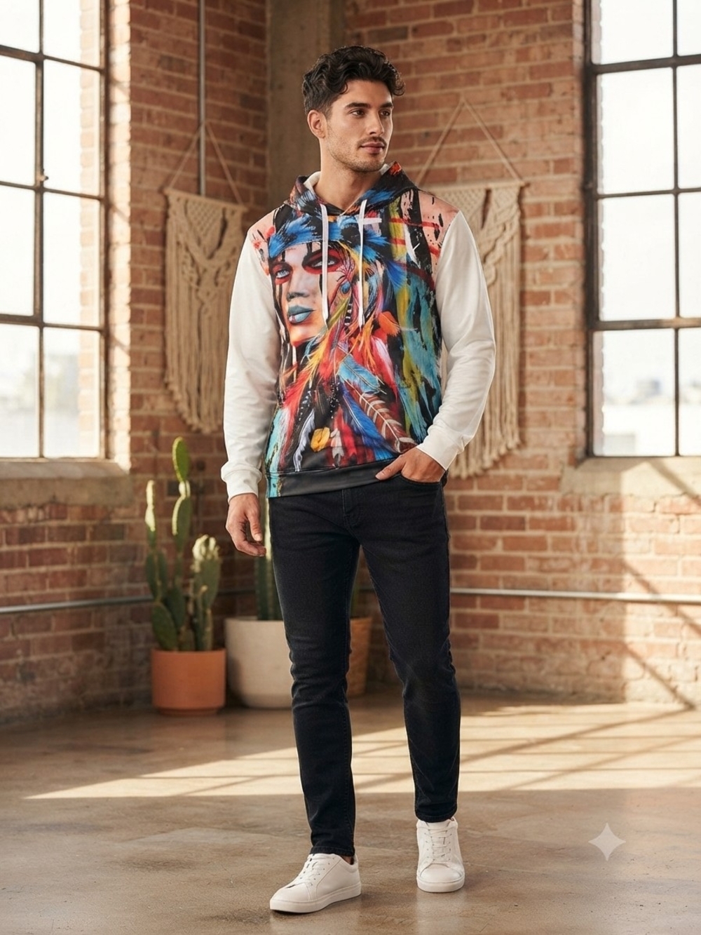 Men's Colorful Graphic Pullover Hoodie - White Sleeves